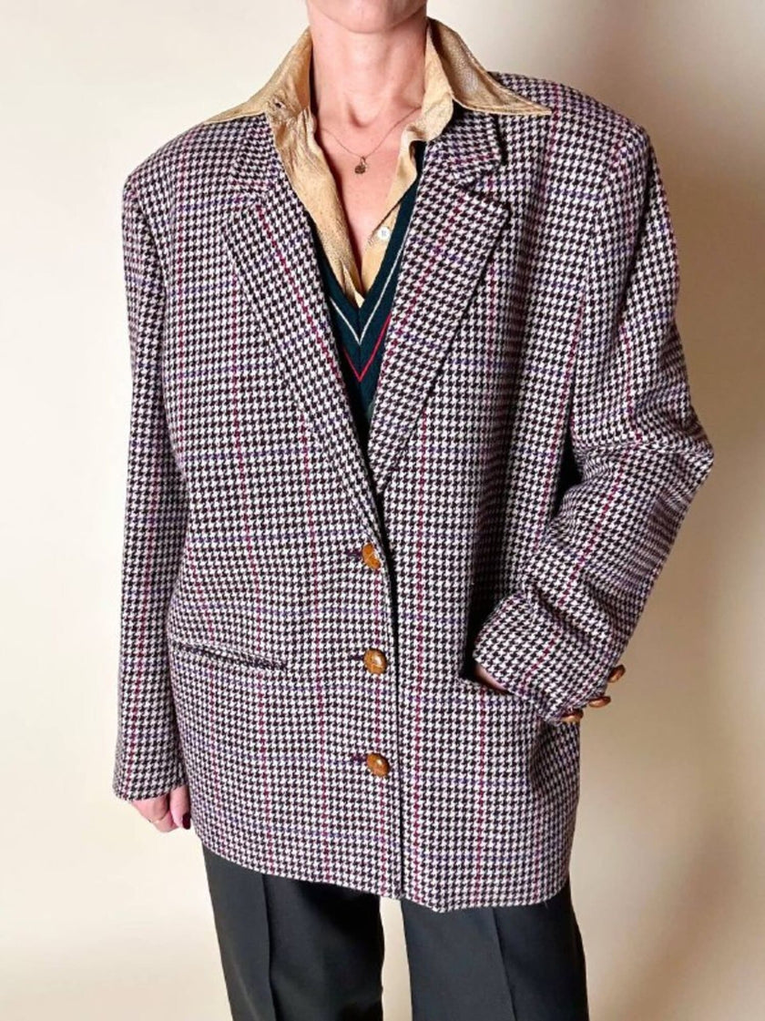 Blazer United Class Coll Colors Benetton in lana pied de poule beige e cioccolato con bottoni berlebeck