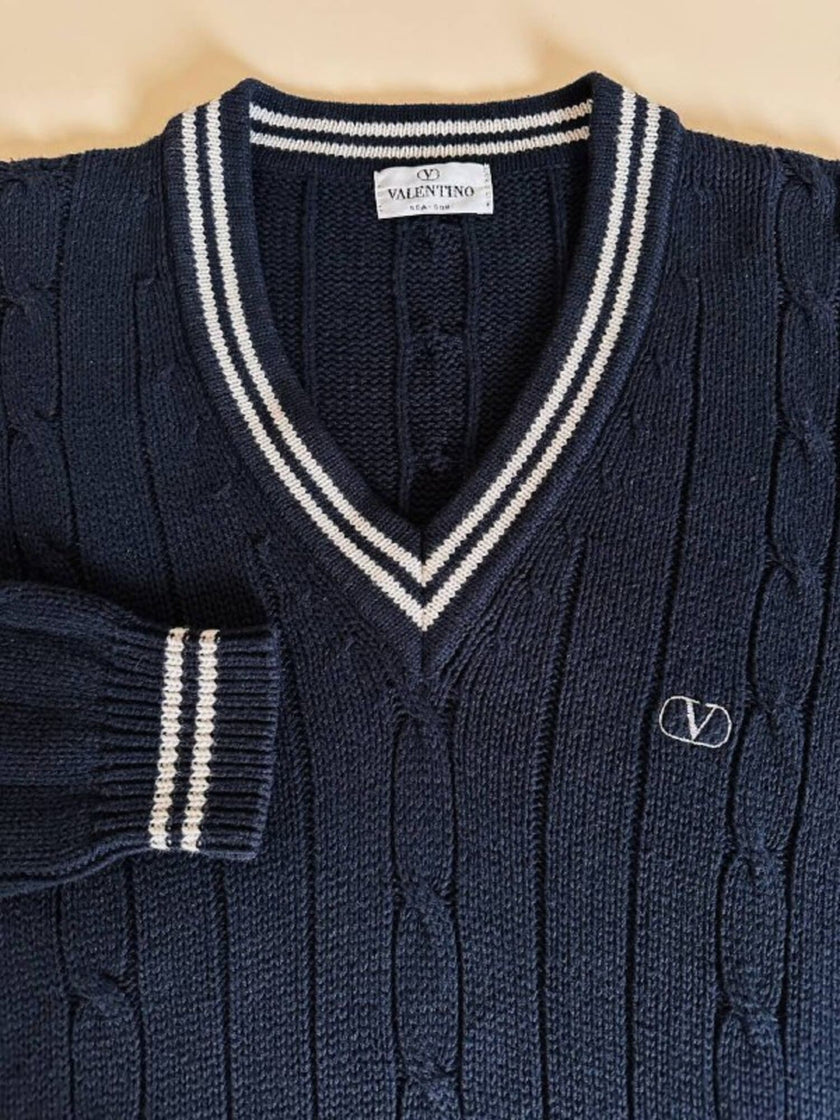 Pullover Valentino Garavani in cotone blu navy con dettagli bianchi