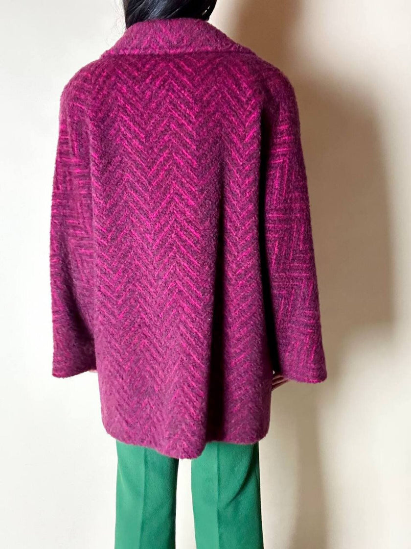 Capottino vintage spinato in tweed di lana e mohair magenta e prugna