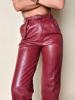 Pantalone in pelle mattone rosato a vita alta con pince e cintura in coordinato La Matta