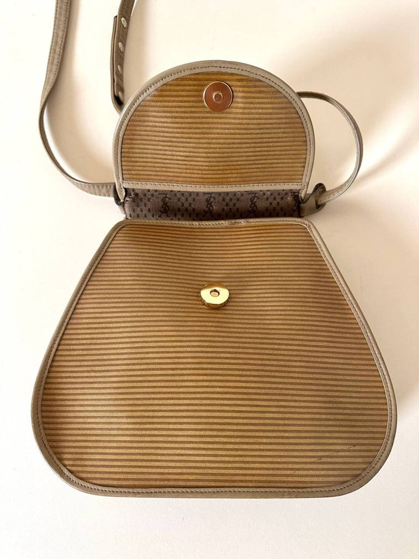 Borsa Yves Saint Laurent in tessuto plastificato millerighe color cammello con riporti in pelle argilla