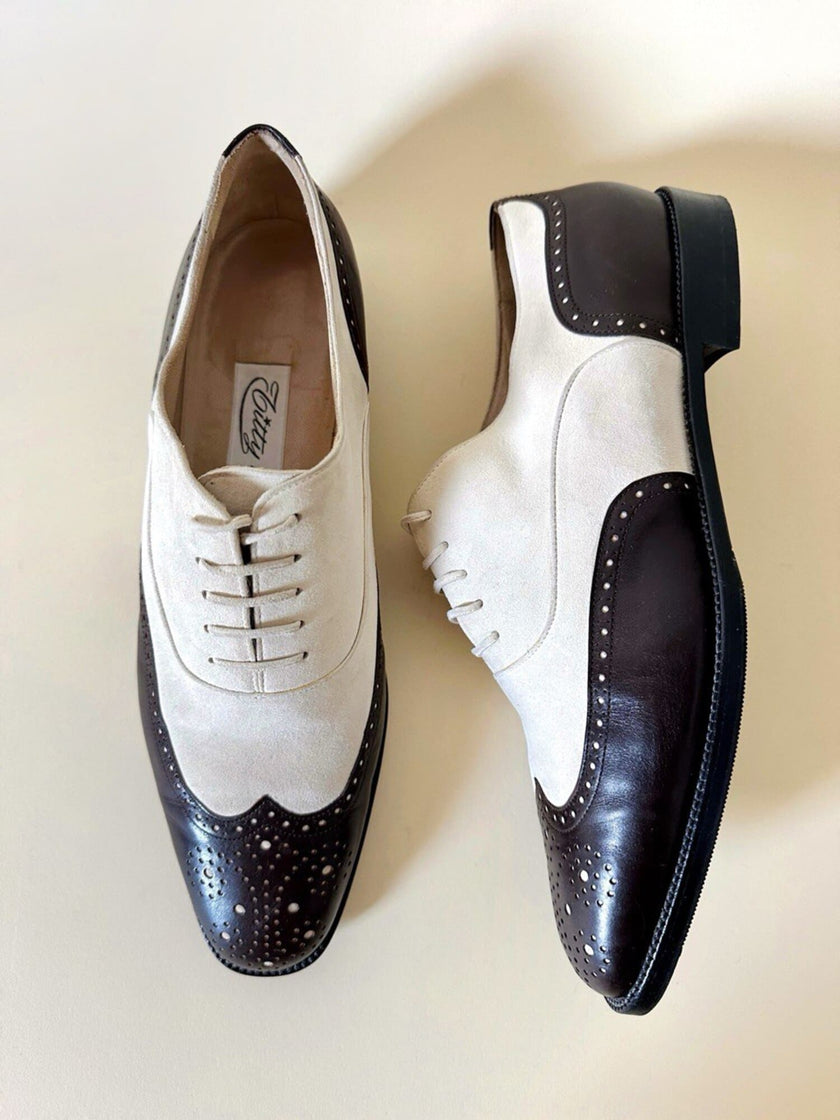 Two-tone Oxford shoes in ivory suede and dark brown leather Titty Lugano