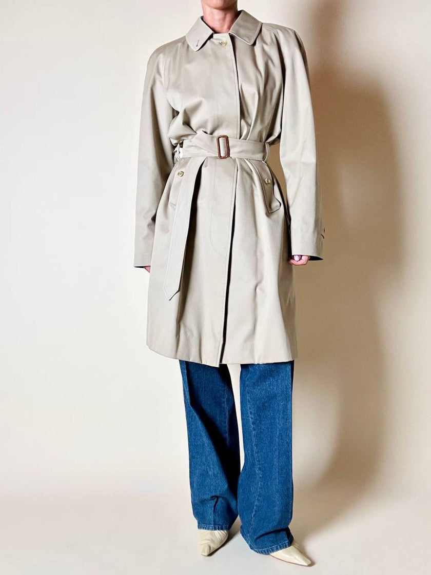 Vintage Burberry’s beige quill gabardine trench coat with matching belt and Check lining