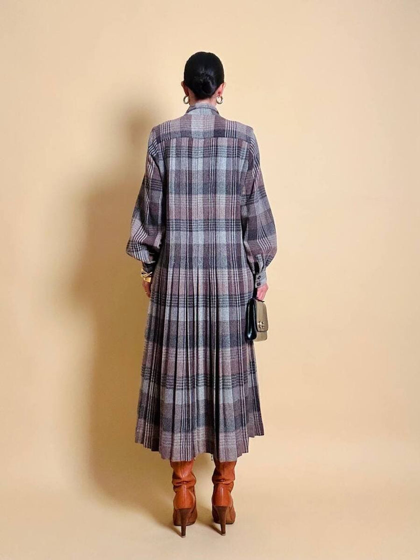 Maxi abito plissé in lana flanellata fantasia check