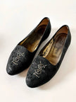 Ballerine slipper Yves Saint Laurent jacquard in tela nera animalier con monogramma YSL in strass