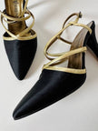 Sandali vintage Yves Saint Laurent in raso di seta nero e pelle laminata oro