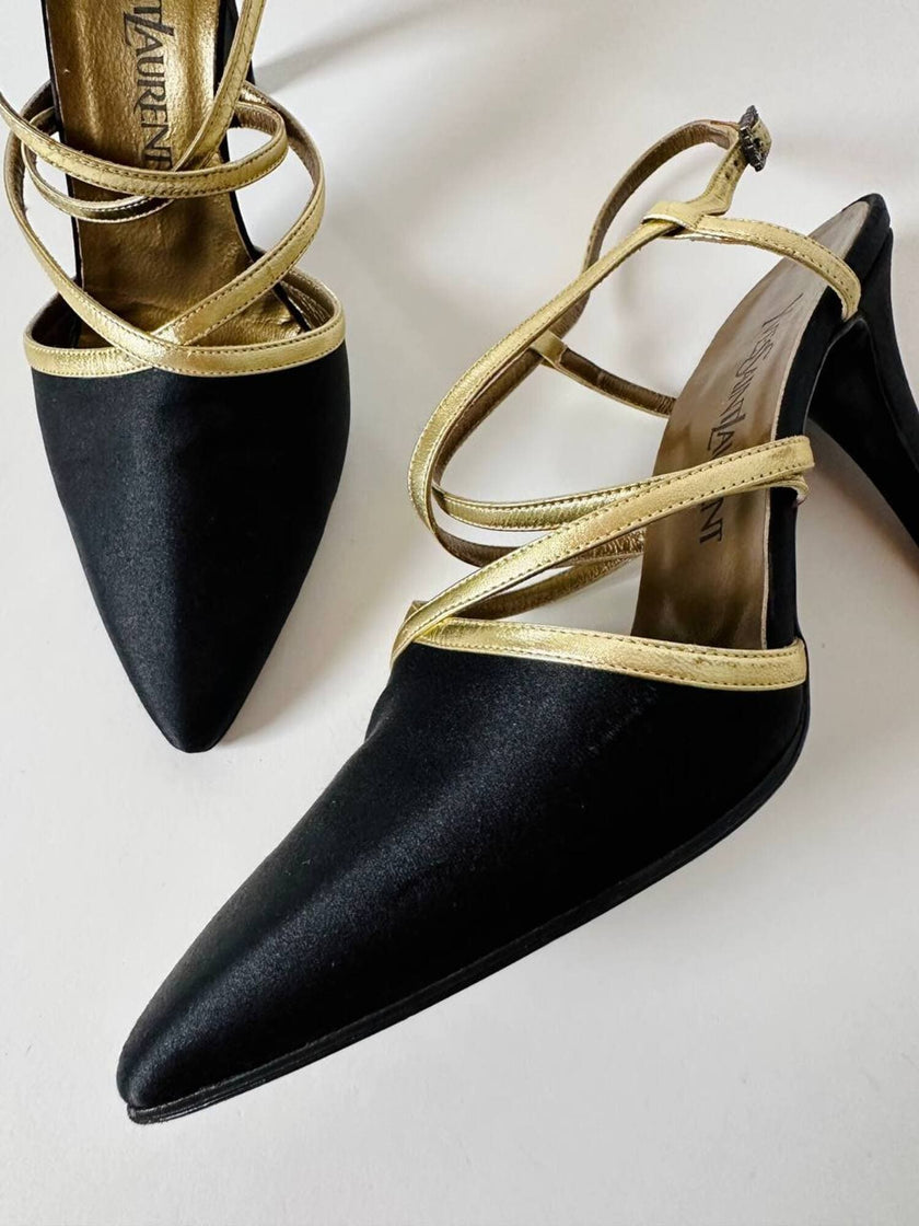 Sandali vintage Yves Saint Laurent in raso di seta nero e pelle laminata oro
