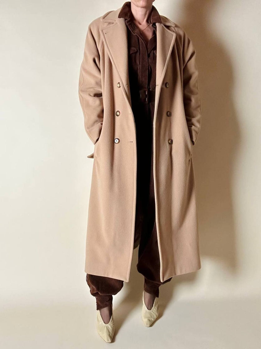 Cappotto vintage Kamaé modello vestaglia in lana e cachemire cammello chiaro