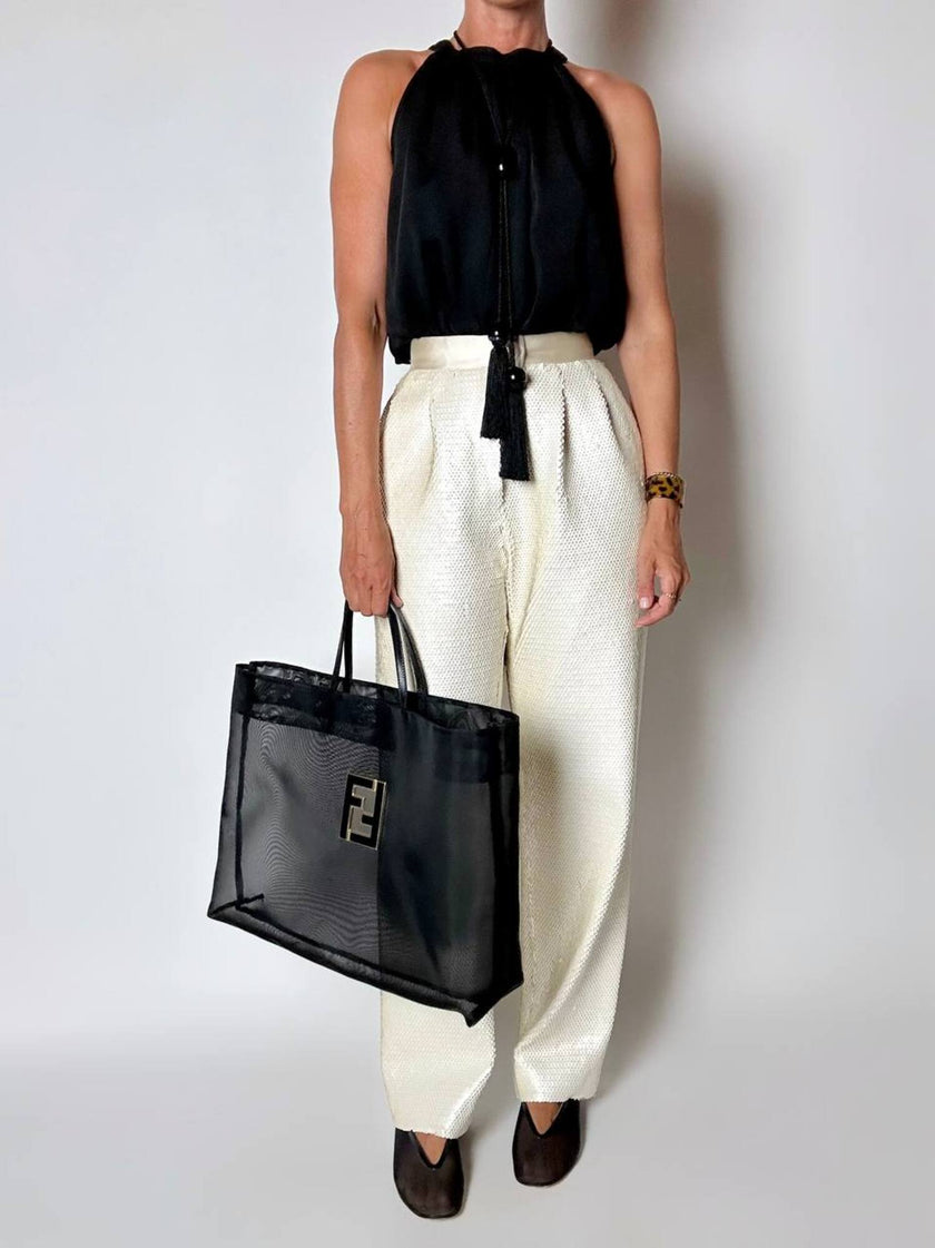 Borsa vintage Fendi in rete mesh nera con maxi logo FF