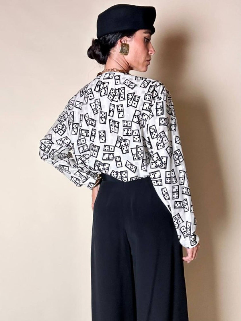 Blusa Yves Saint Laurent in tessuto jacquard bianco e nero fantasia Domino
