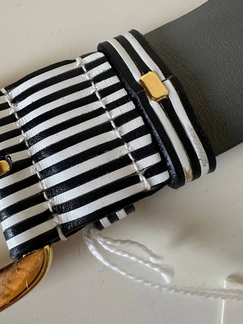 Vintage Valentino Garavani black and white striped belt with metal and resin hardware