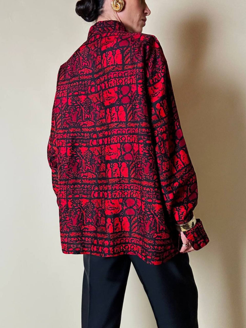 Camicia rossa e nera fantasia etnica in seta thai