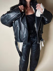 Giacca biker vintage in pregiata pelle nera con fodera trapuntata
