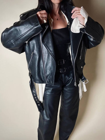 Giacca biker vintage in pregiata pelle nera con fodera trapuntata