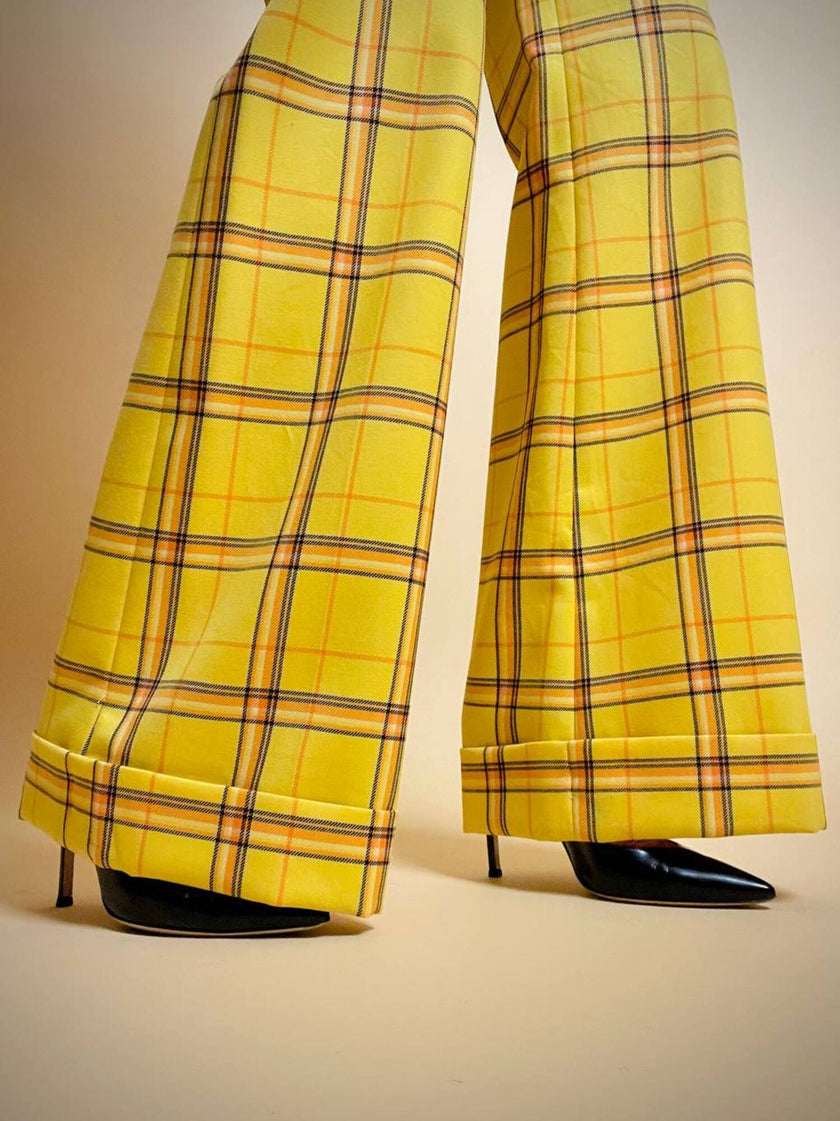 Pantalone a zampa fantasia tartan giallo scuolabus