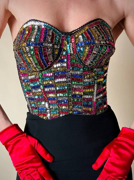 Bustier in paillettes multicolor e pizzo nero