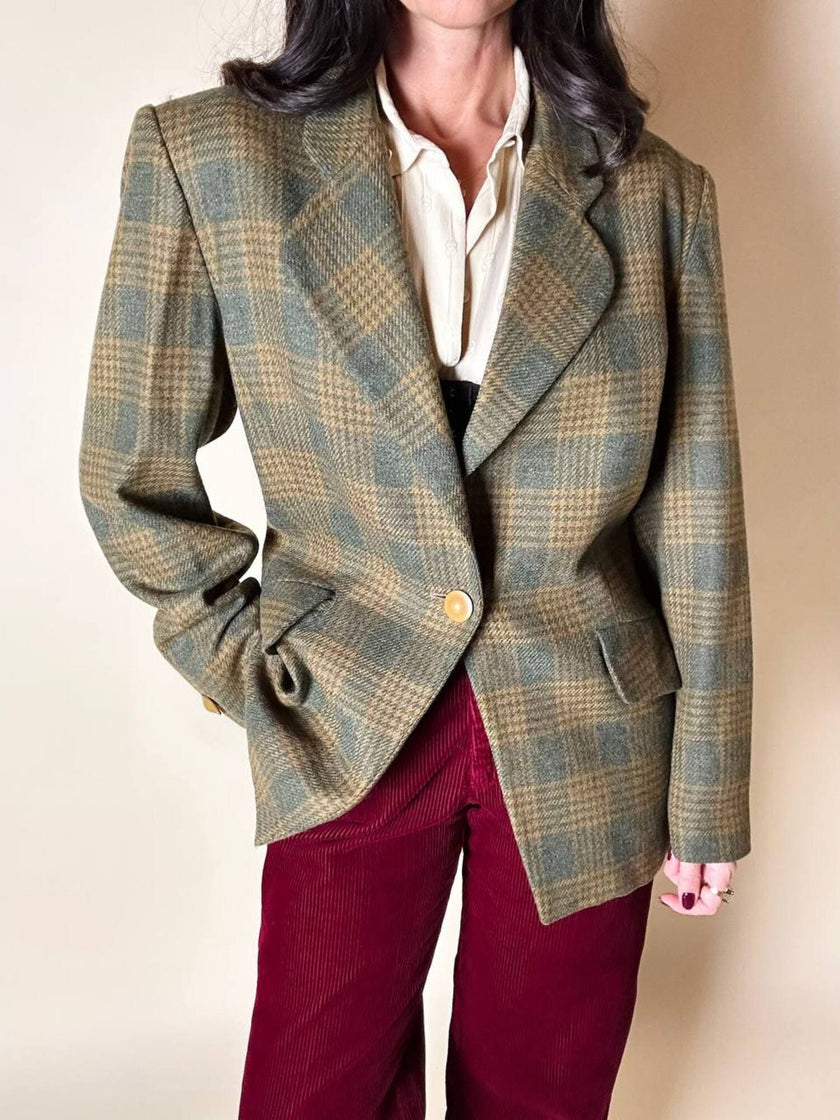 Blazer Yves Saint Laurent de lana con estampado de Príncipe de Gales verde y ocre