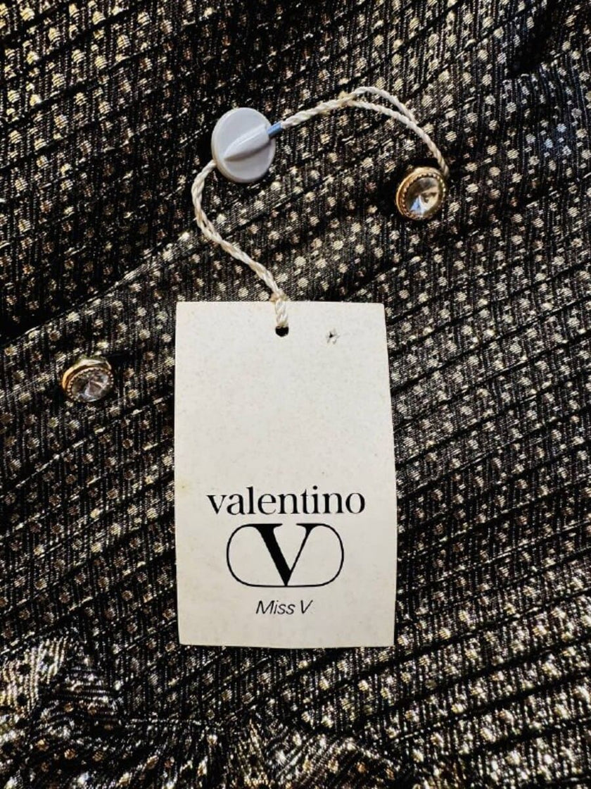 Maxi dress in seta e lamè oro con colletto in velluto nero “Valentino Miss V”