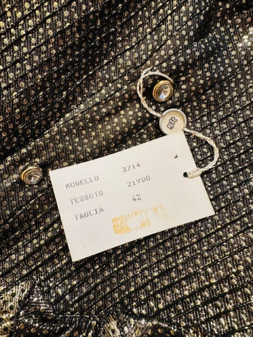 Maxi dress in seta e lamè oro con colletto in velluto nero “Valentino Miss V”