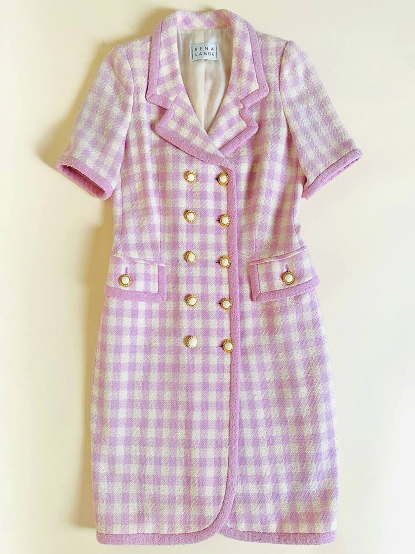 Abito doppiopetto a quadretti avorio e rosa con bottoni gioiello “Rena Lange”