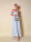 Maxi dress con schiena nuda in raso grigio perla “Mercí”