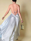 Maxi dress con schiena nuda in raso grigio perla “Mercí”