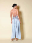 Maxi dress con schiena nuda in raso grigio perla “Mercí”