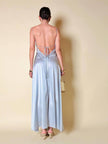 Maxi dress con schiena nuda in raso grigio perla “Mercí”