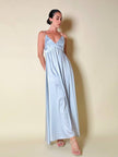 Maxi dress con schiena nuda in raso grigio perla “Mercí”