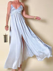 Maxi dress con schiena nuda in raso grigio perla “Mercí”