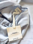 Maxi dress con schiena nuda in raso grigio perla “Mercí”