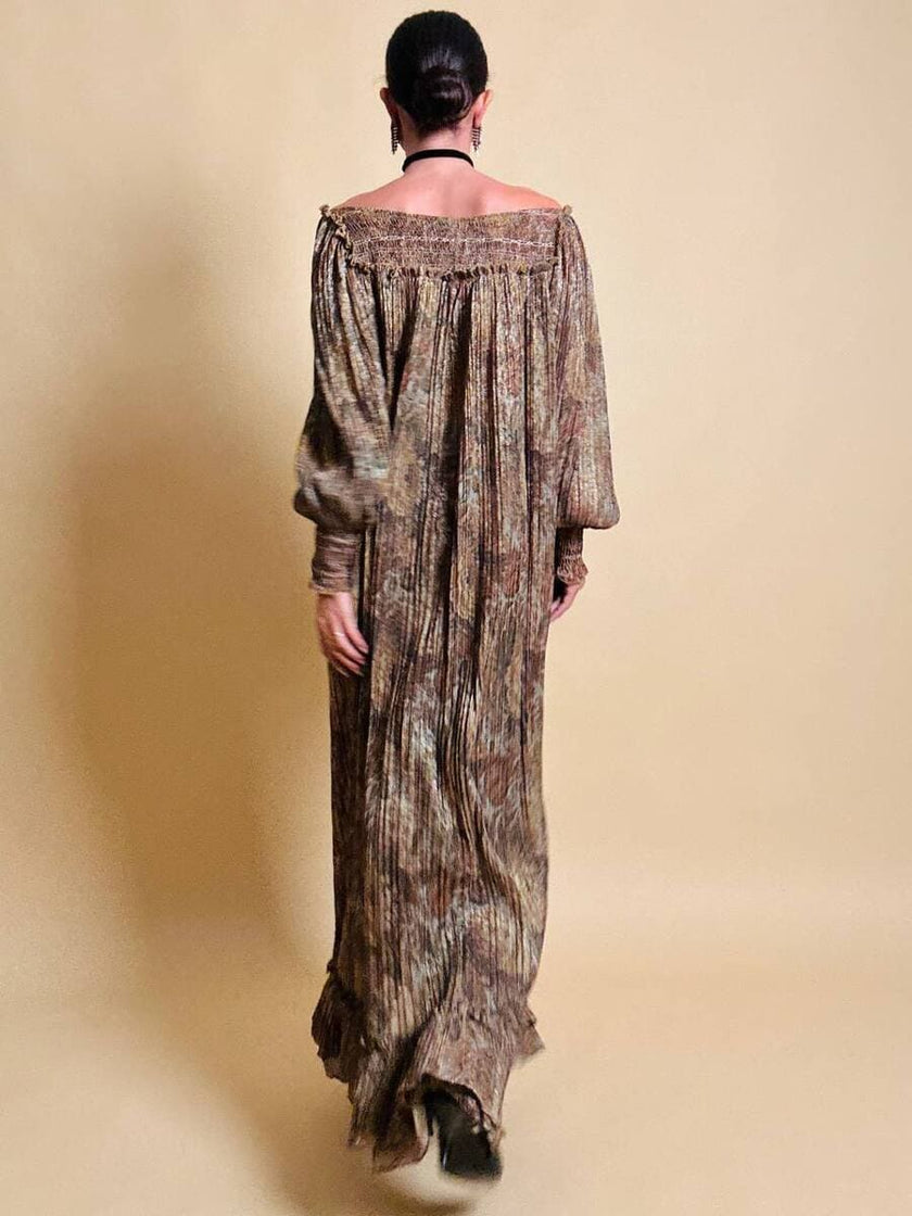 Abito lungo in lurex micro plissé fantasia florale