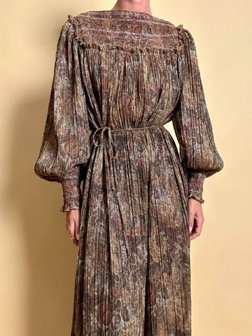 Abito lungo in lurex micro plissé fantasia florale