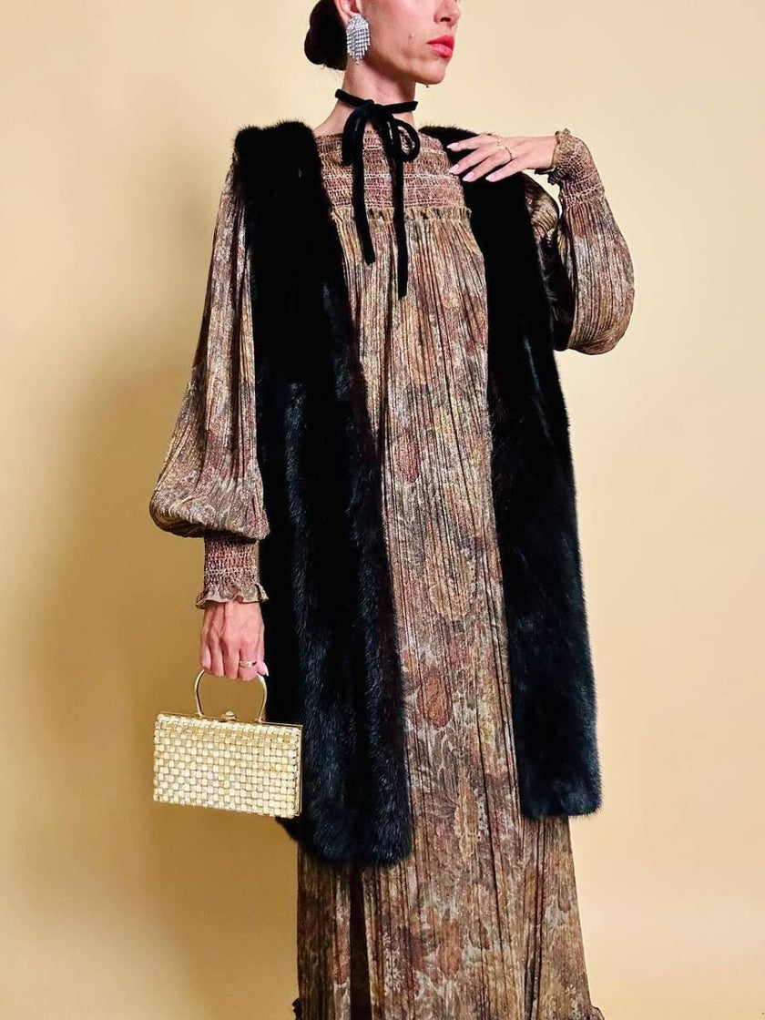 Abito lungo in lurex micro plissé fantasia florale