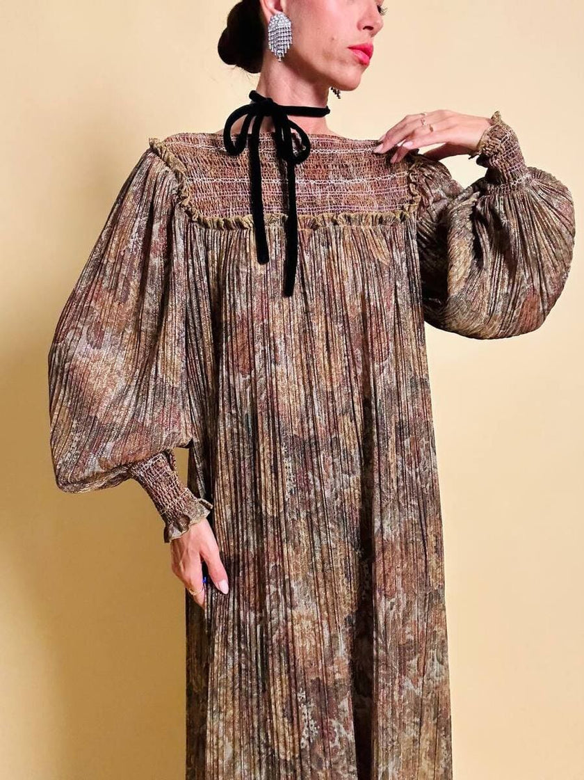 Abito lungo in lurex micro plissé fantasia florale