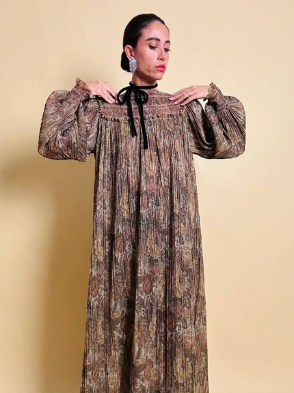 Abito lungo in lurex micro plissé fantasia florale