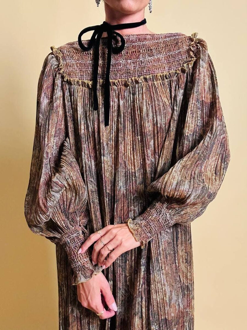 Abito lungo in lurex micro plissé fantasia florale