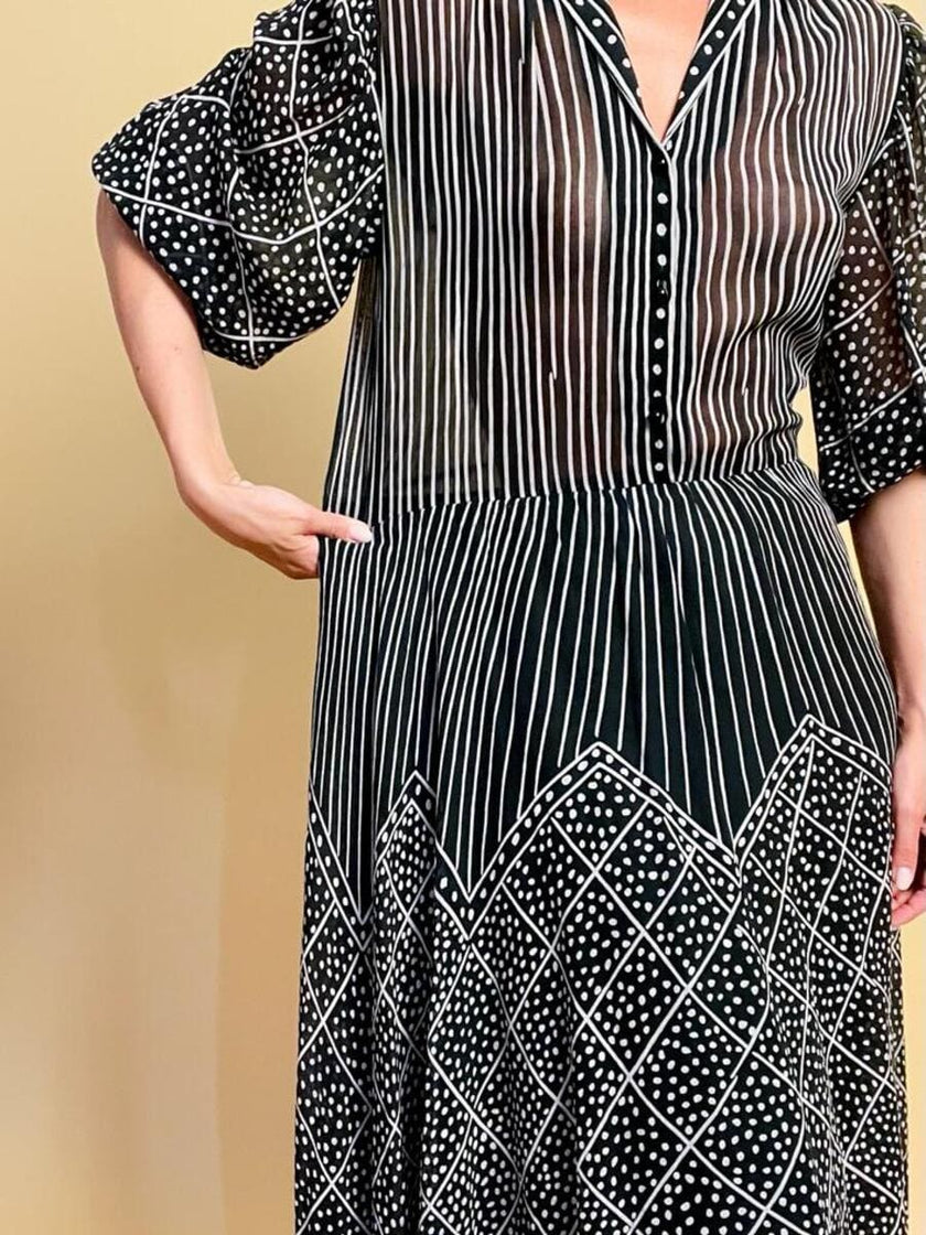 Abito midi in cotone garzato nero e bianco