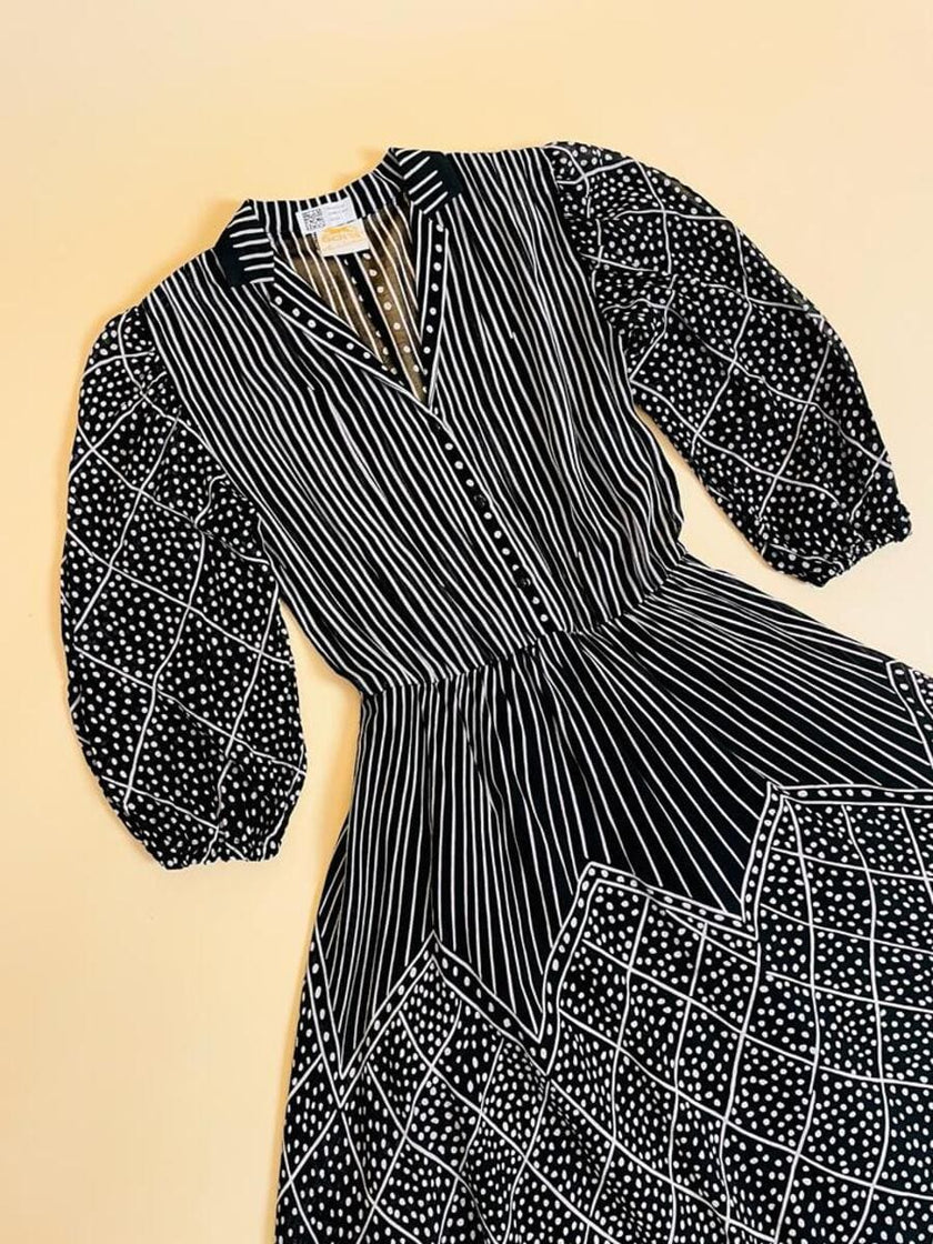 Abito midi in cotone garzato nero e bianco