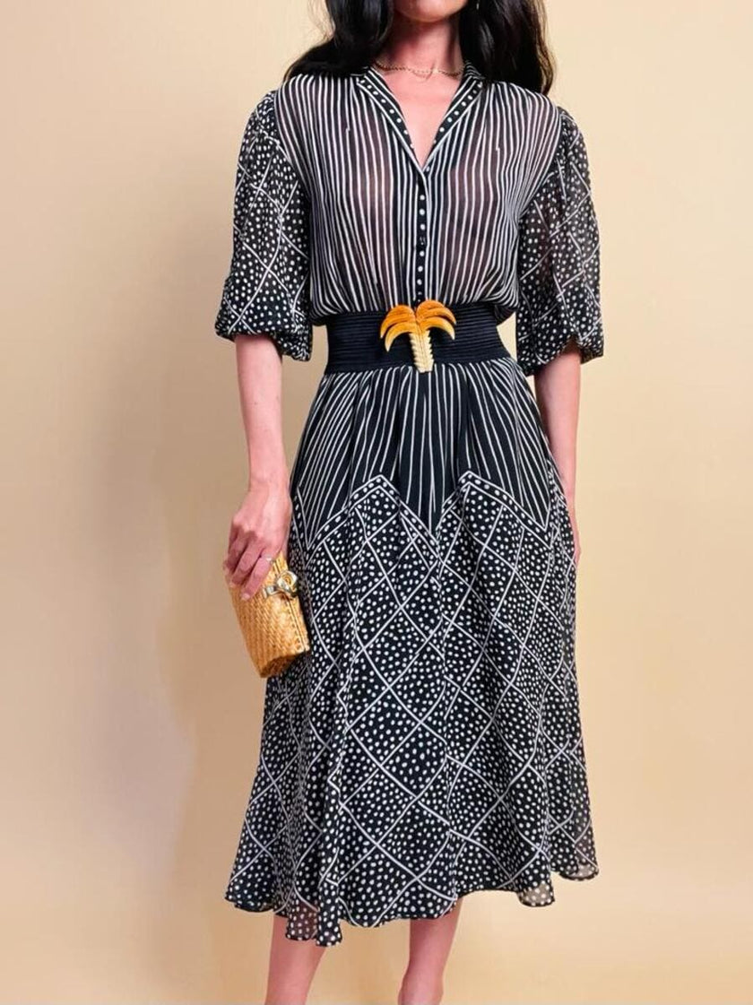 Abito midi in cotone garzato nero e bianco