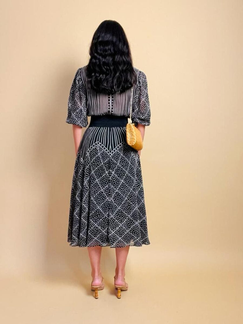 Abito midi in cotone garzato nero e bianco