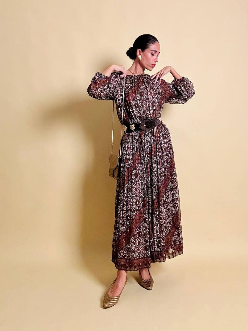 Abito sartoriale in chiffon di seta dévoré micro fantasia