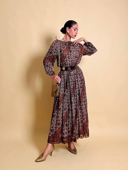 Abito sartoriale in chiffon di seta dévoré micro fantasia