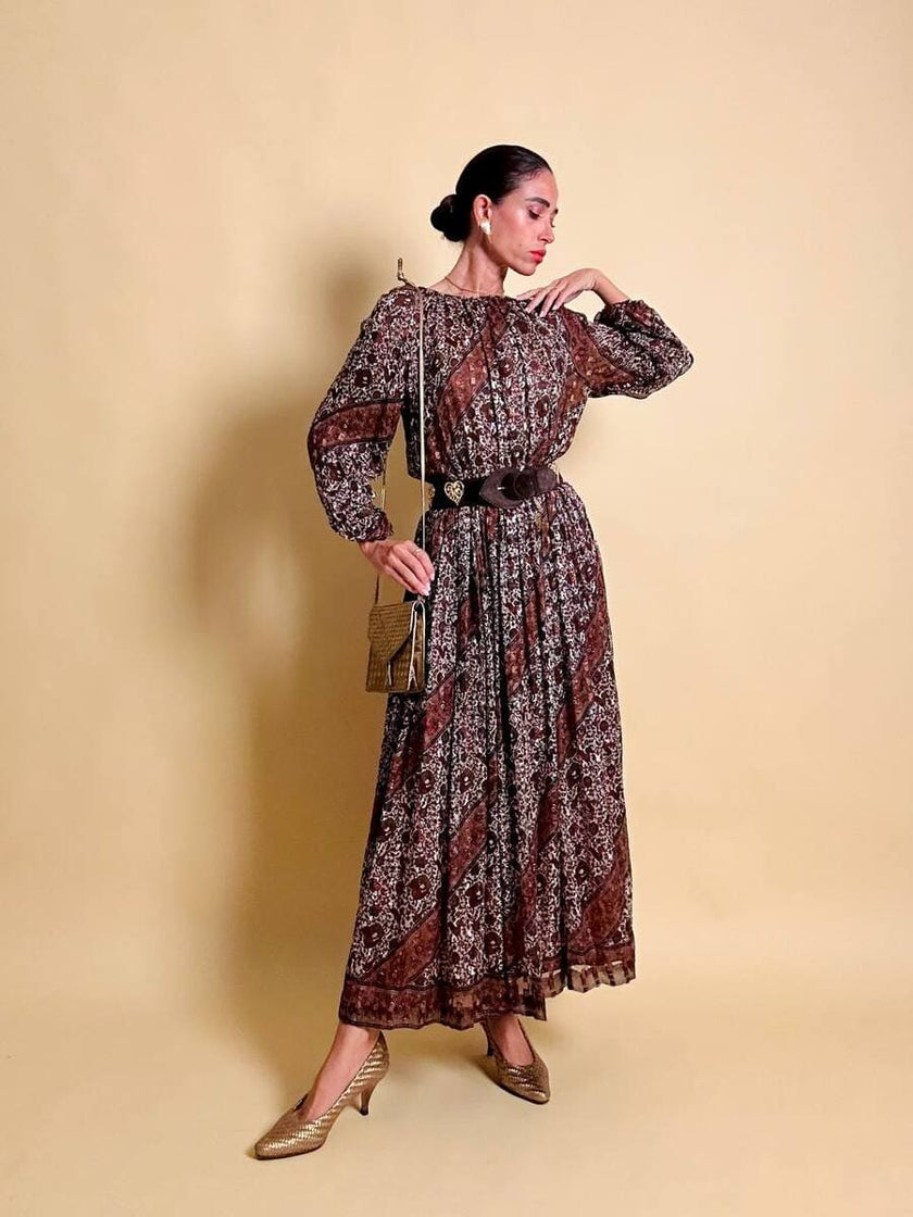 Abito sartoriale in chiffon di seta dévoré micro fantasia