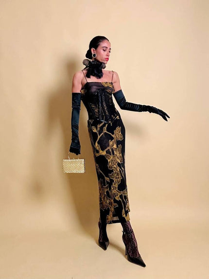 Abito sottoveste in chiffon di seta dèvorè con maxi motivi floreali