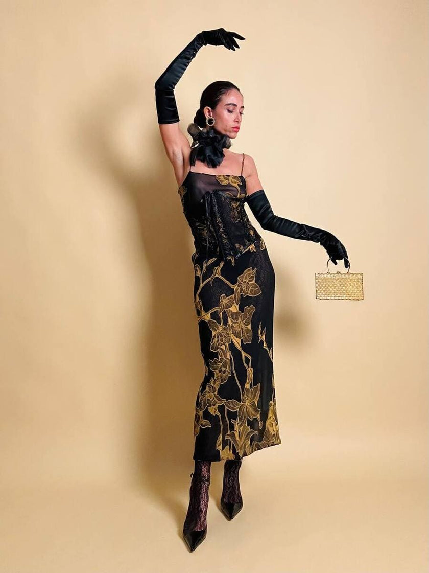 Abito sottoveste in chiffon di seta dèvorè con maxi motivi floreali