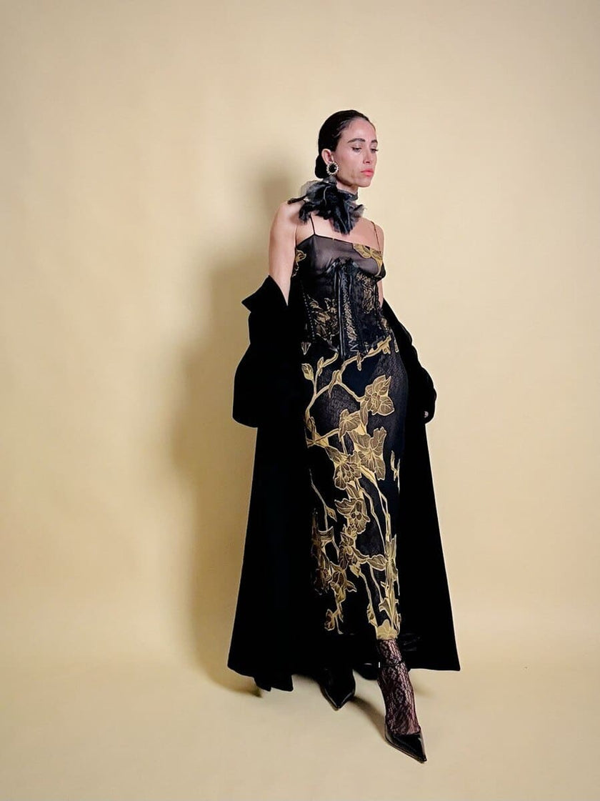 Abito sottoveste in chiffon di seta dèvorè con maxi motivi floreali