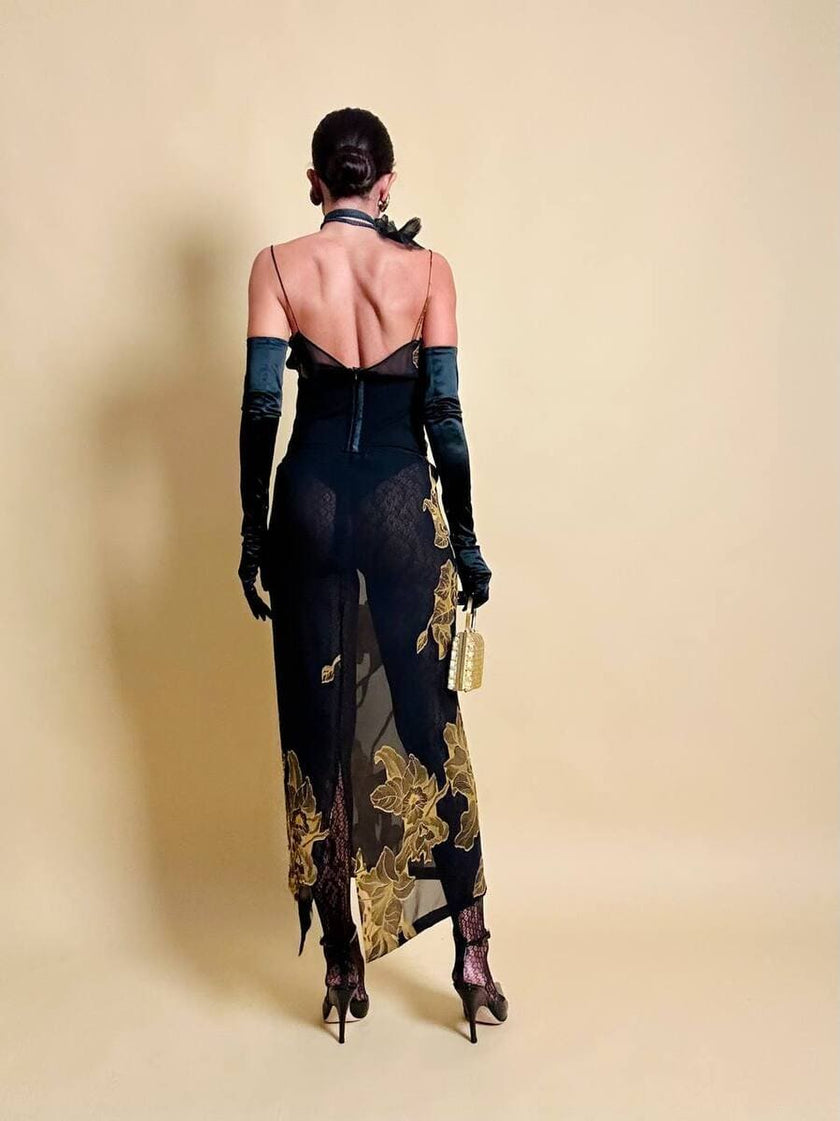 Abito sottoveste in chiffon di seta dèvorè con maxi motivi floreali