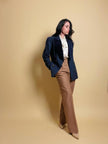 Blazer aristocratico in lana mélange e velluto blu di Prussia con bottoni gioiello “Gianluca Gabrielli”