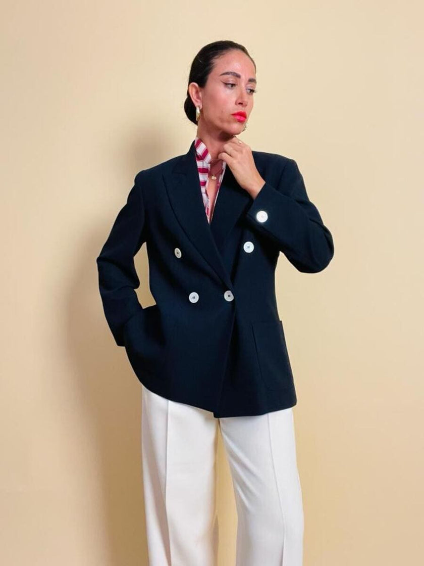 Blazer doppiopetto in rasato di blu navy 